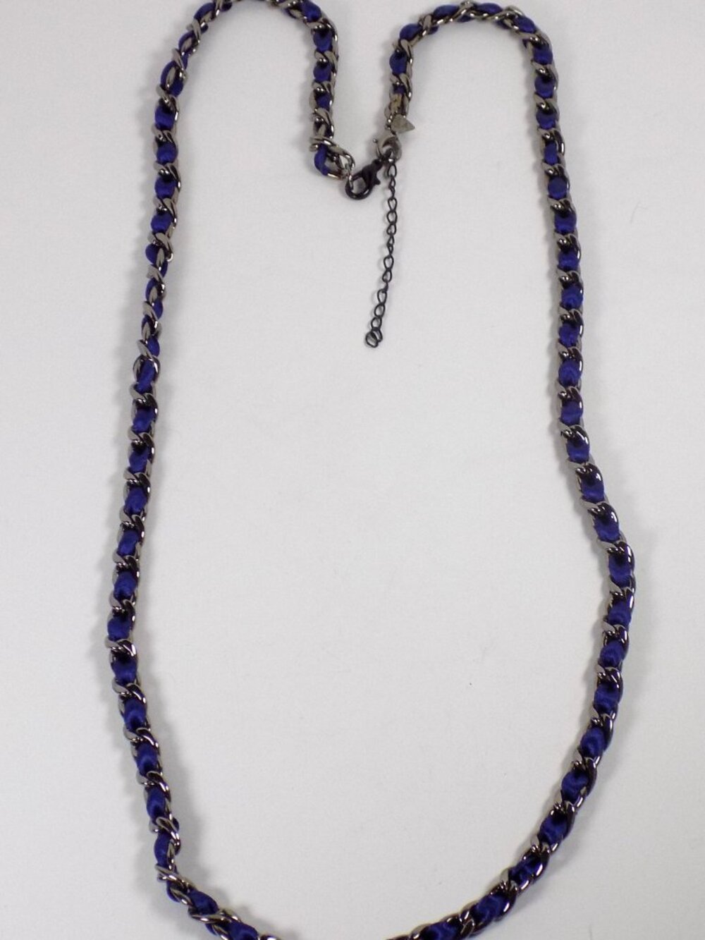 Vintage Cookie Lee Long Necklace Navy Blue Ribbon Gunmetal Chain